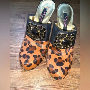 Nina pony fur cheetah bejeweled mules